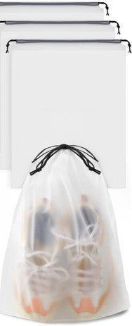 Clear drawstring bag with a black drawstring, containing shoes inside 