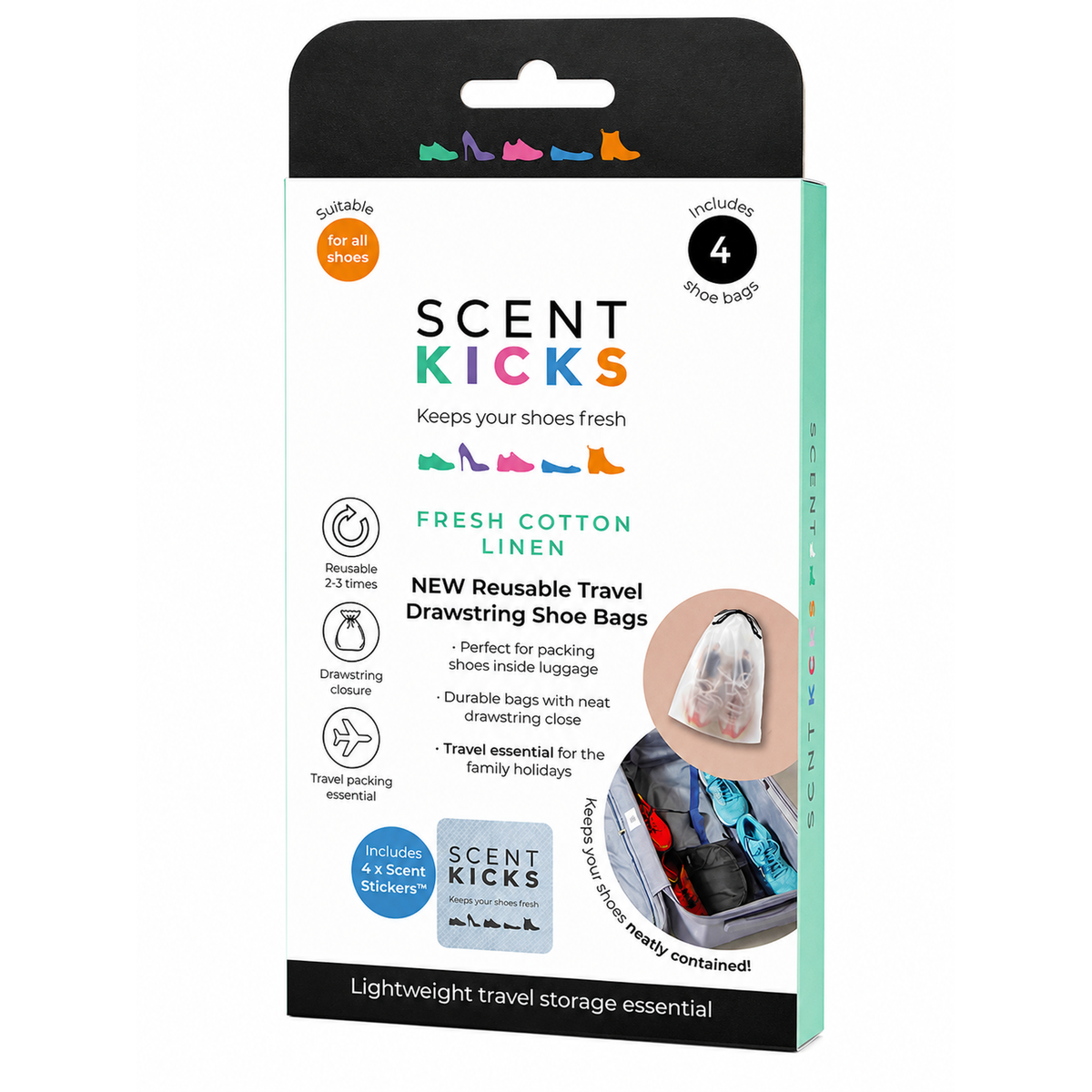 Scent Kicks™ Reusable Shoe Travel Bags | Fresh Cotton Linen 4 Pack